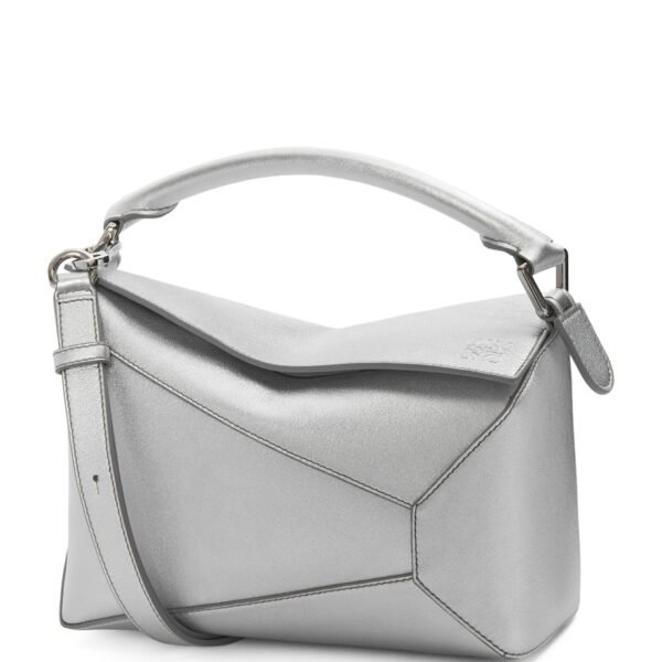 Small Metallic Leather Puzzle Top-Handle Bag
