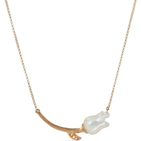 Yellow Gold, Diamond and Pearl Tulips Chain Necklace
