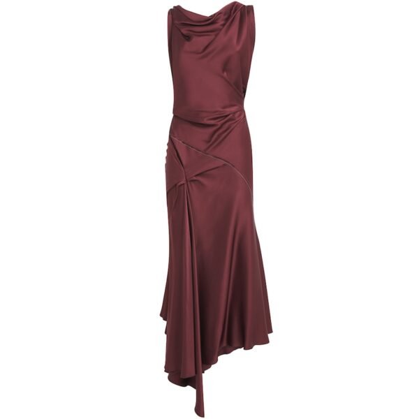 Satin Asymmetric Draped Midi Dress